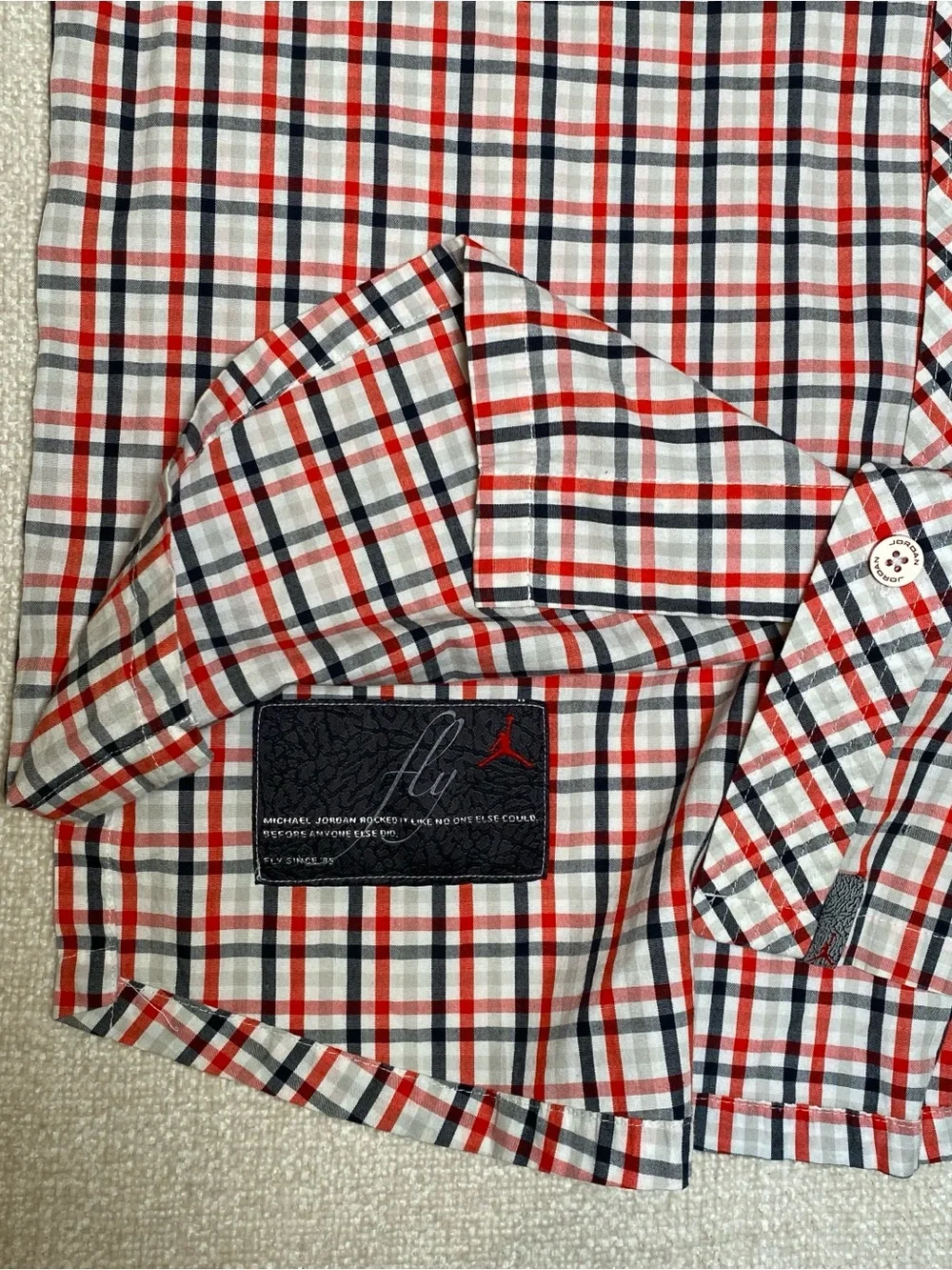 Rare Jordan Short Sleeve Plaid Button Up Shirt Men L Red Black White Streetwear